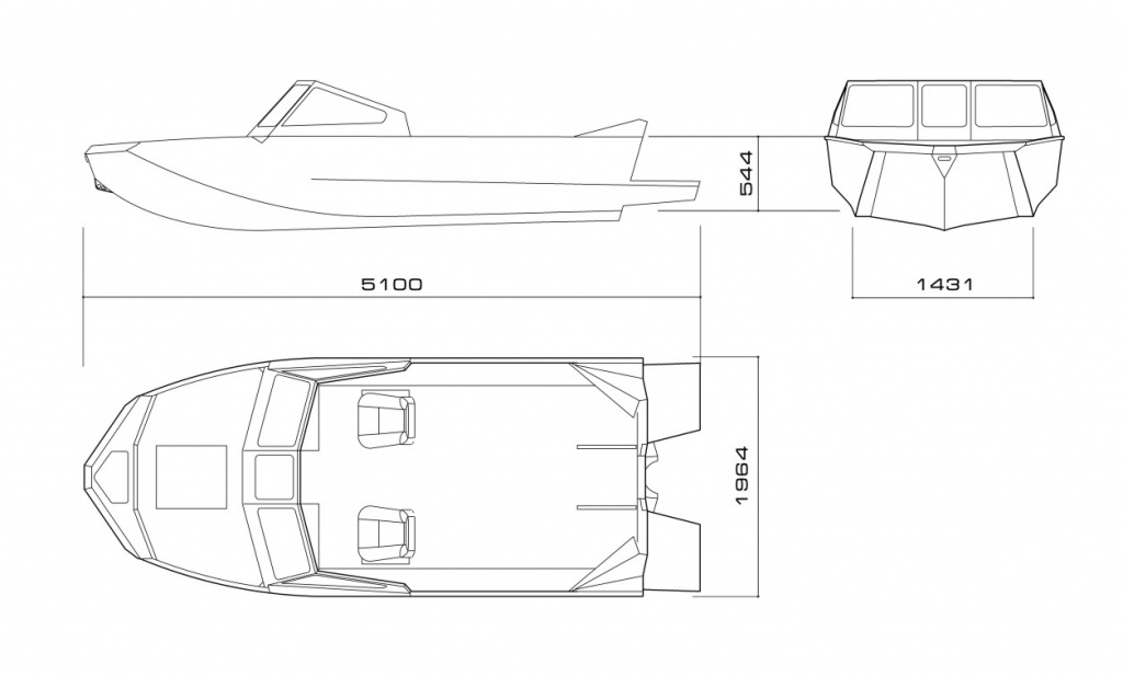 Алюминиевый водометный катер (моторная лодка, катер подвесной водомет) Росомаха R5100 с подвесным двигателем (мотором). Чертеж, схема, размеры.