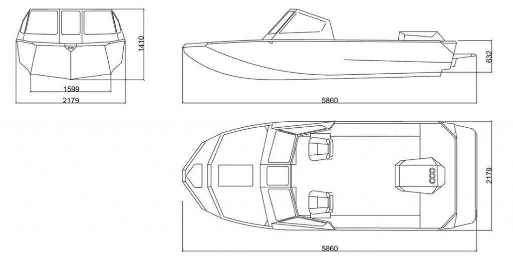 Размеры алюминиевого водометного катера (катера водомета) Росомаха 5800. Чертеж, схема.png